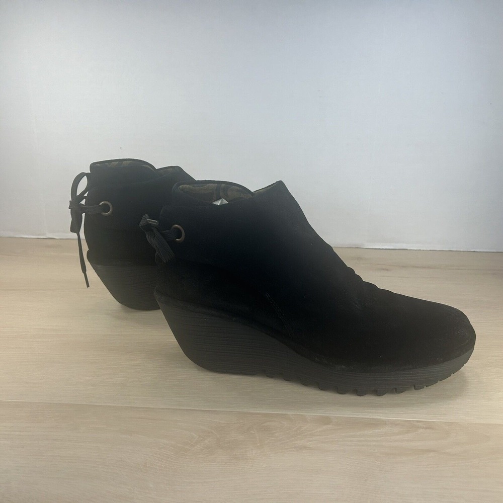 FLY London YEBI Black Suede Ruched Ankle Wedge Boots Tie-Back Womens 40 / 9-9.5 - Picture 5 of 12